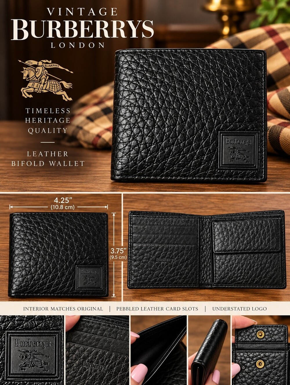 Burberrys Vintage Black Pebbled Leather Bifold Card & Coin Wallet
